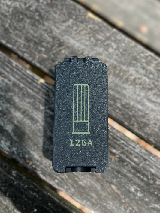 Black 12 gauge ammo storage with label