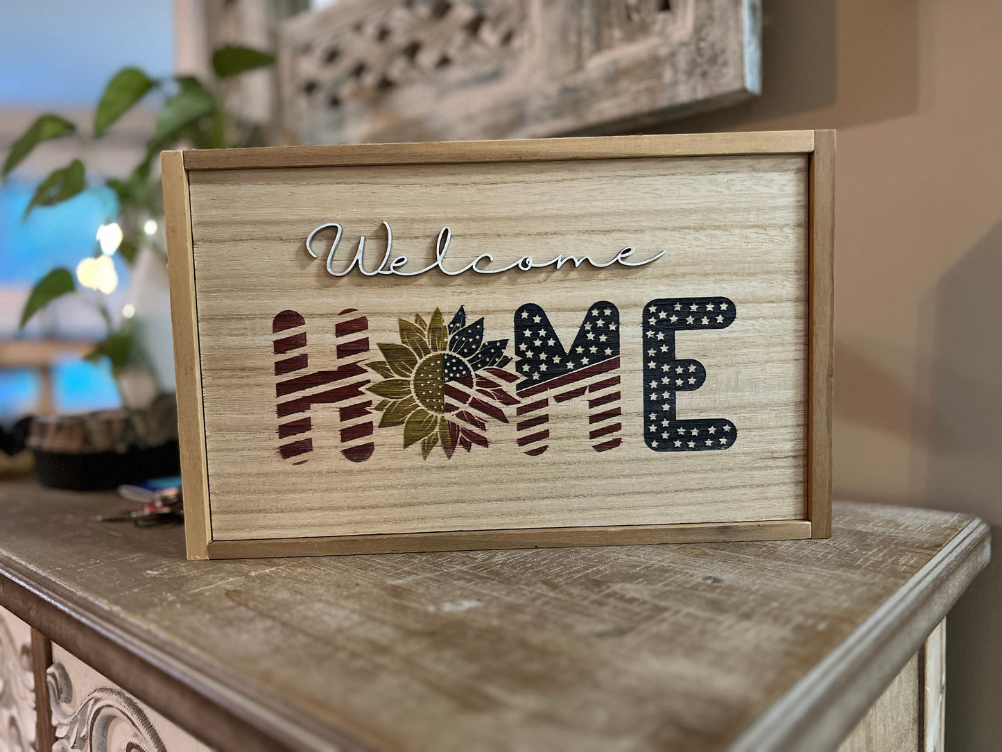 Welcome Home Wall Decor with American Flag and Sunflower